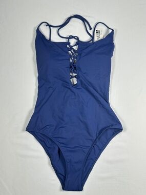 Women's One Piece Swimsuit Quintsoul White Label Size Large Blue Lace Up NWT